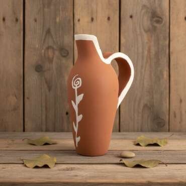 Κεραμική Διακοσμητική Κανάτα με Λευκά Άνθη - Τερακότα 2